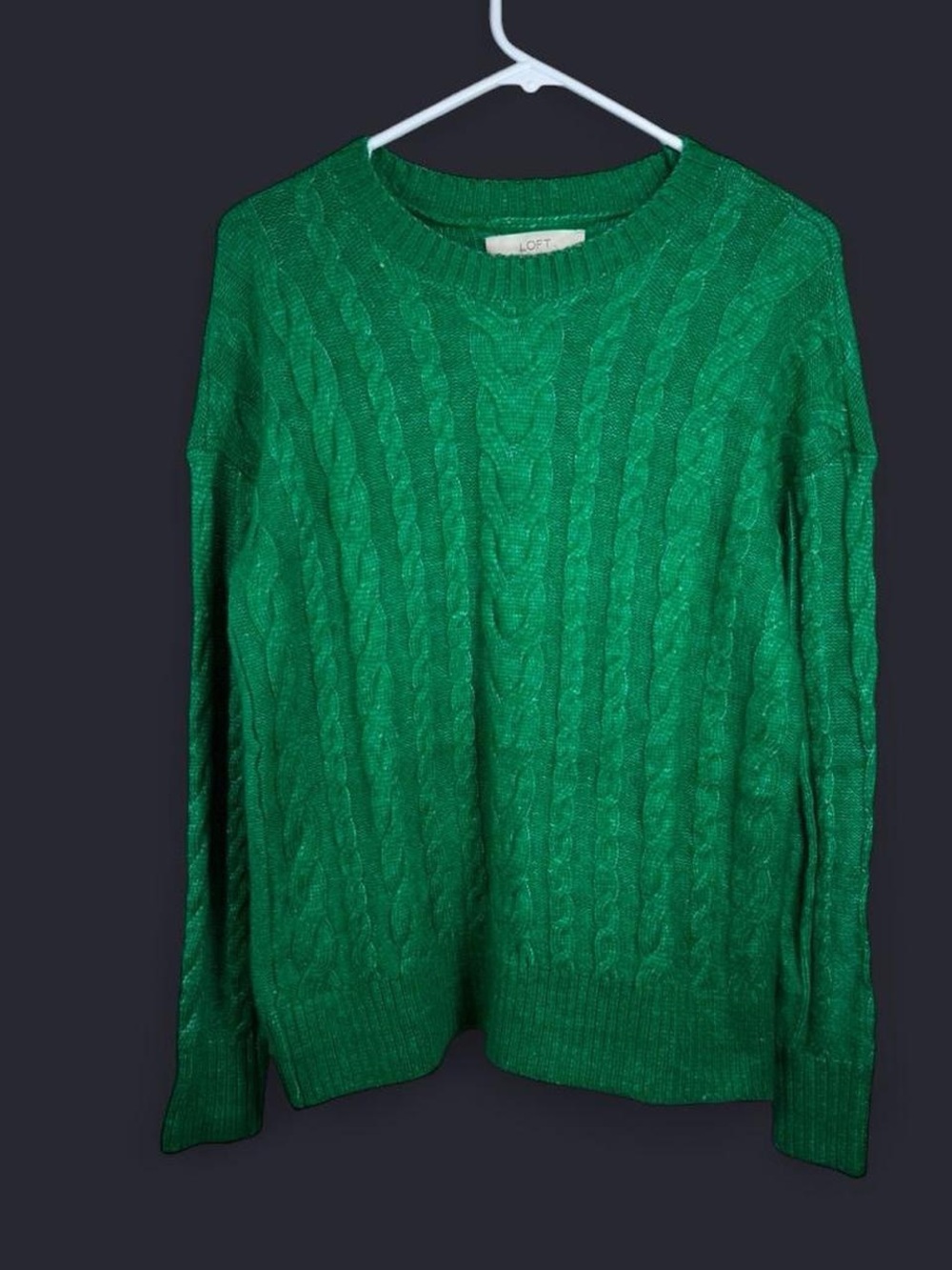 LOFT Emerald Green Cable Knit Sweater XS Cozy Soft Crewneck Preppy
